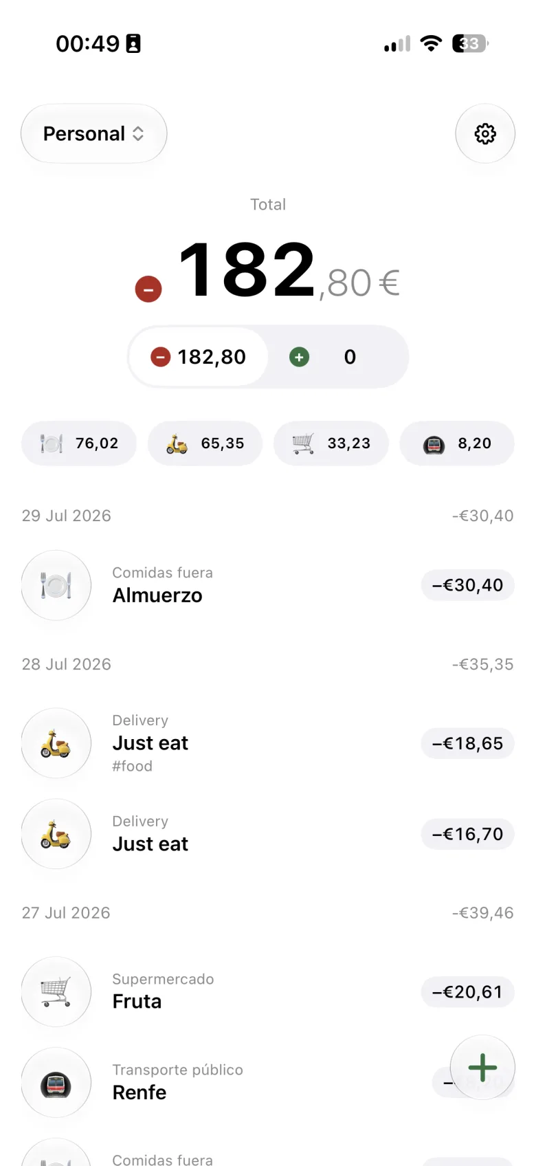 Inicio de KipuApp con el gráfico plegado: los totales por categoría en una fila y, debajo, los movimientos agrupados por día.